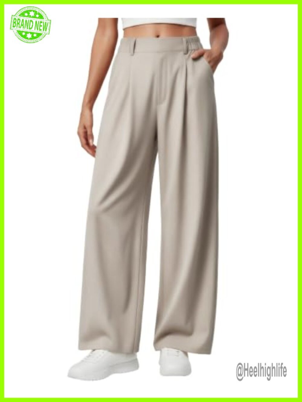 Wide Leg Stretchy Pleated Front Dress Pants with Pockets High Waist Pull On